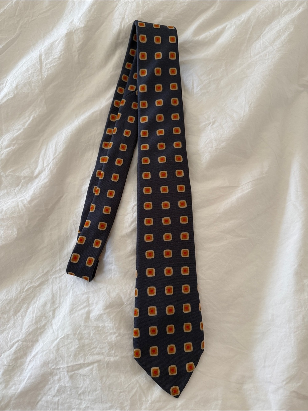 Sid Mashburn Navy Silk Tie with Orange Square Motif
